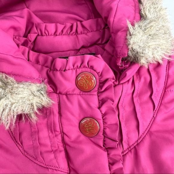 Juicy Couture Ruffle Bell Sleeve Puffer Jacket w/ Fur Hood - Pink | Girls 12M - Picture 3 of 9